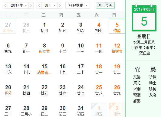 2017年惊蛰是农历几月几日1